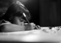 child, kid, study, write, whiteboard marker, alone, black and white