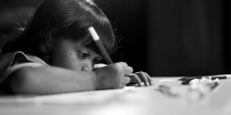 child, kid, study, write, whiteboard marker, alone, black and white