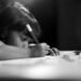 child, kid, study, write, whiteboard marker, alone, black and white
